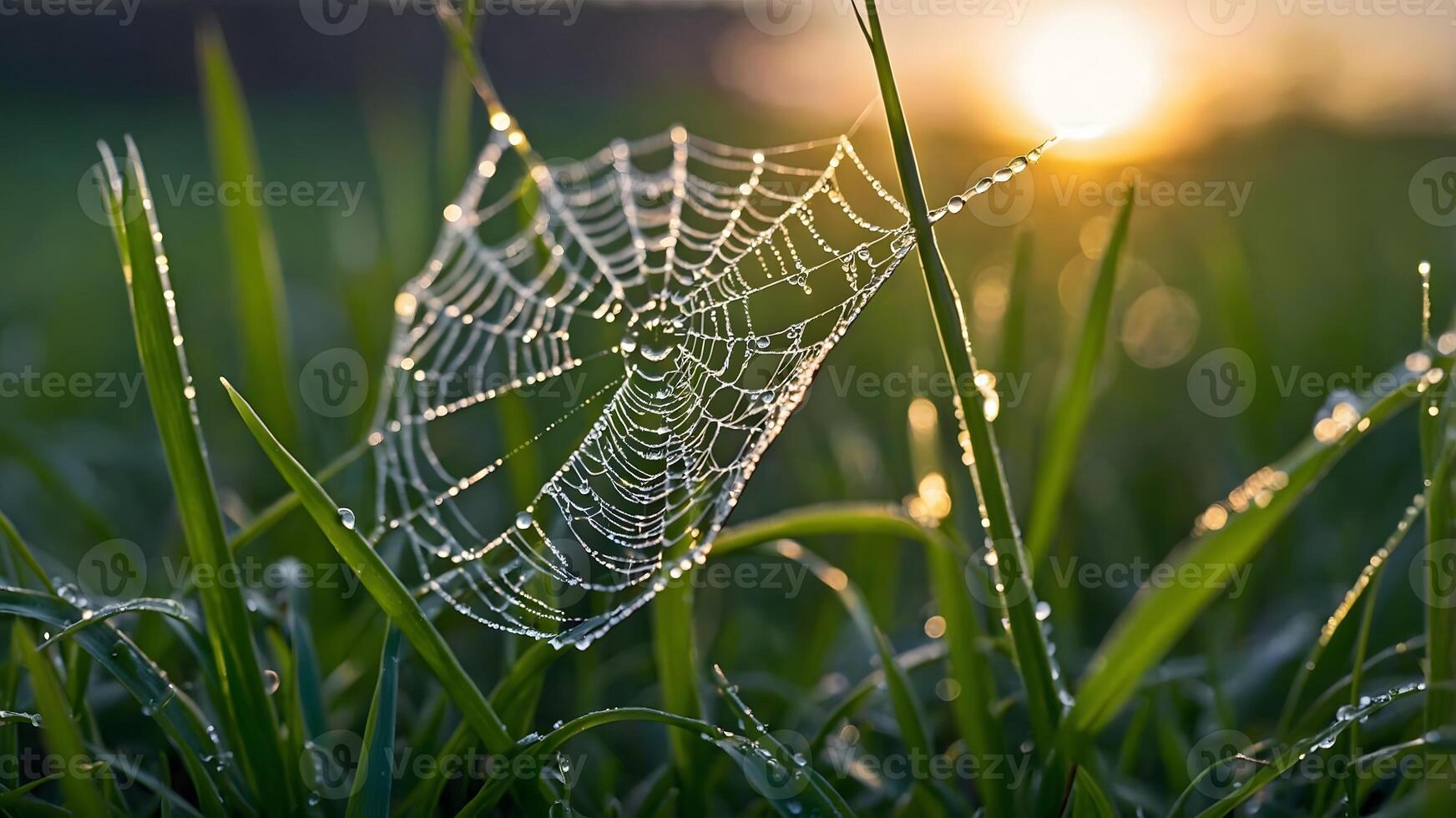 Sunlit spiderweb with sparkling dew drops in grass, sunrise bokeh background, magical nature scene photo