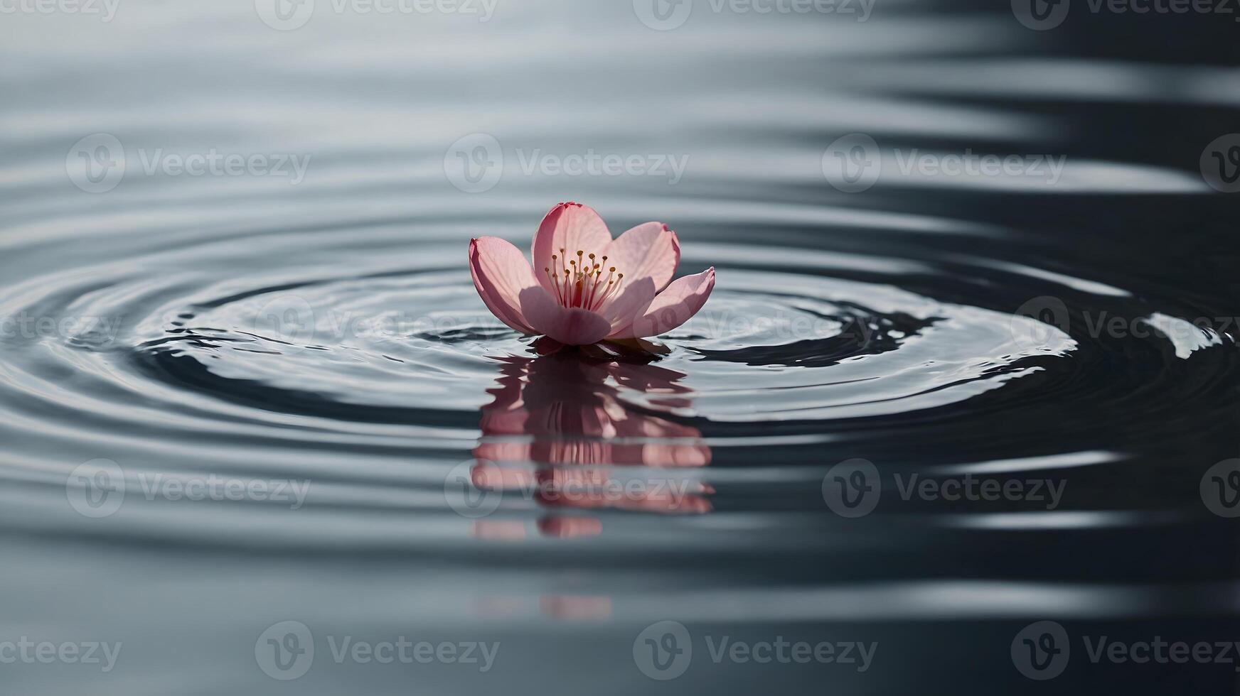 Pink cherry blossom on shimmering water with distinct ripples. Serene nature macro detail photo
