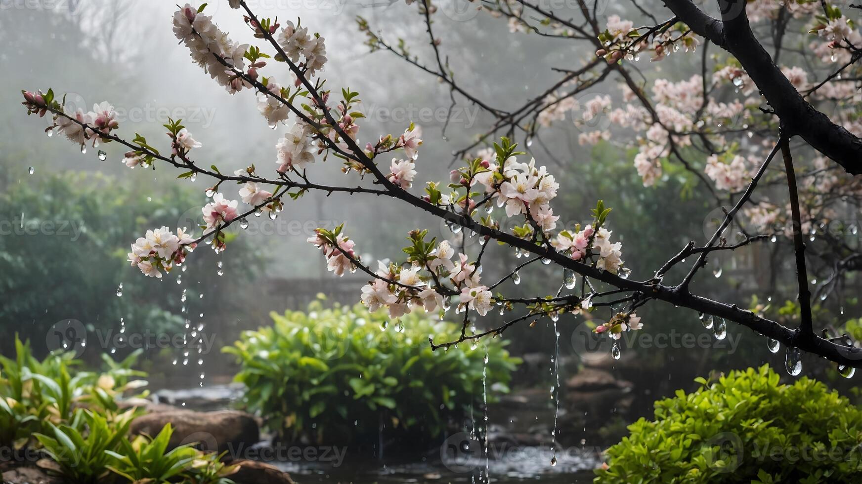 Delicate blossoms with raindrops in a misty garden. Ethereal spring morning, soft focus nature photo