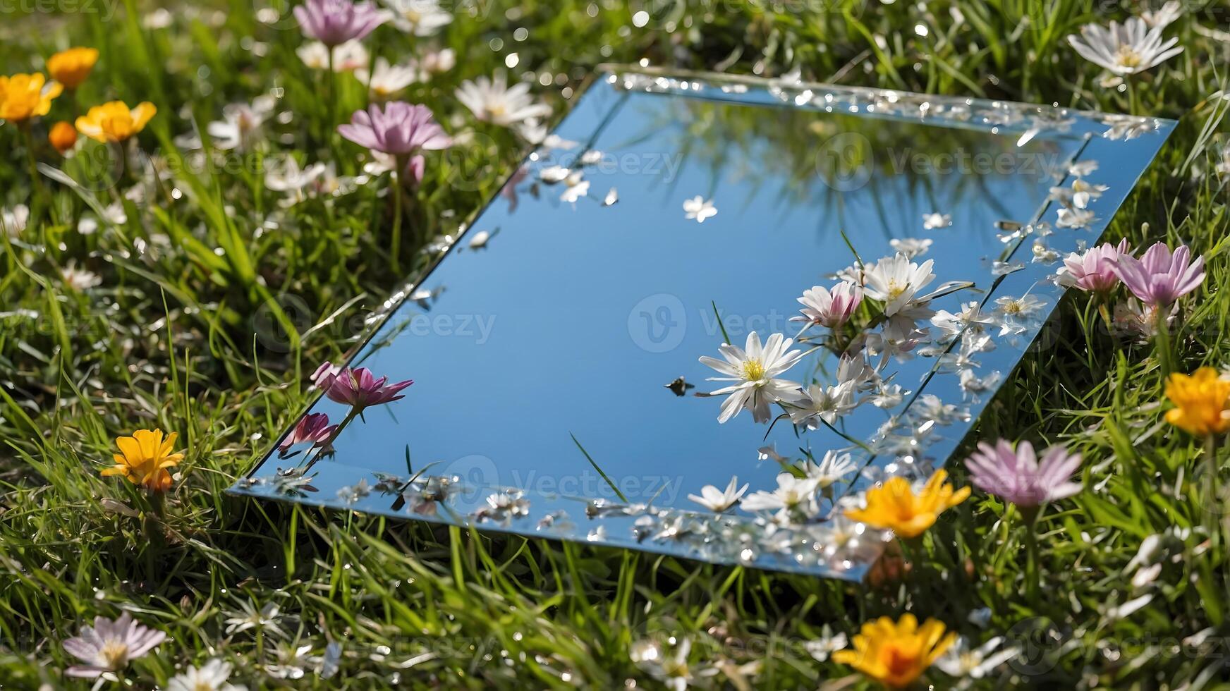 Mirror on spring grass reflecting blue sky and wildflowers, surreal composition blending nature and artistic illusion photo