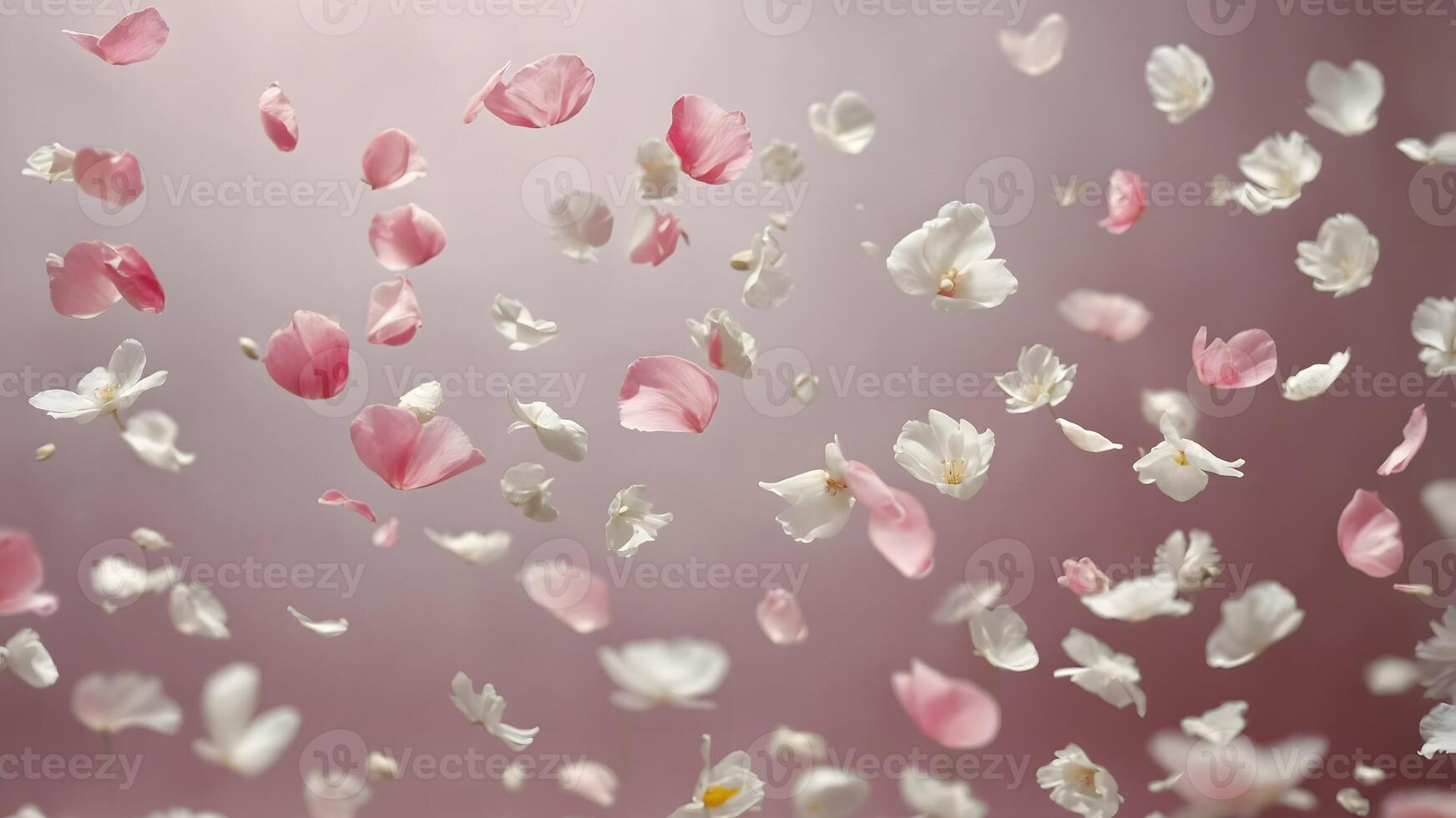 Colorful flower petals in motion, scattered across a soft blurred background, creating a serene and magical spring atmosphere photo