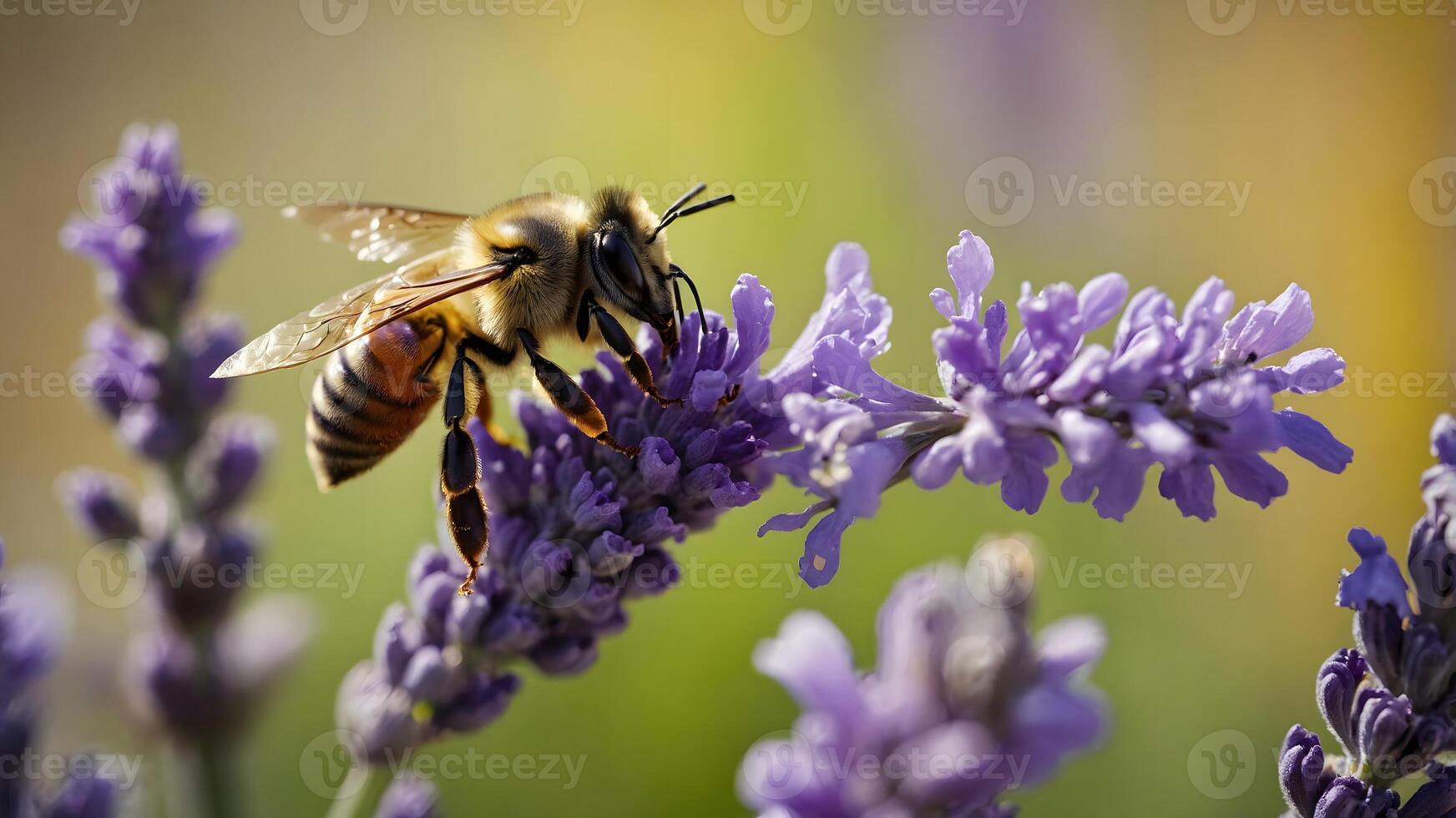 Close-up of honeybee collecting nectar from lavender flower in spring, symbol of pollination, nature harmony and biodiversity photo