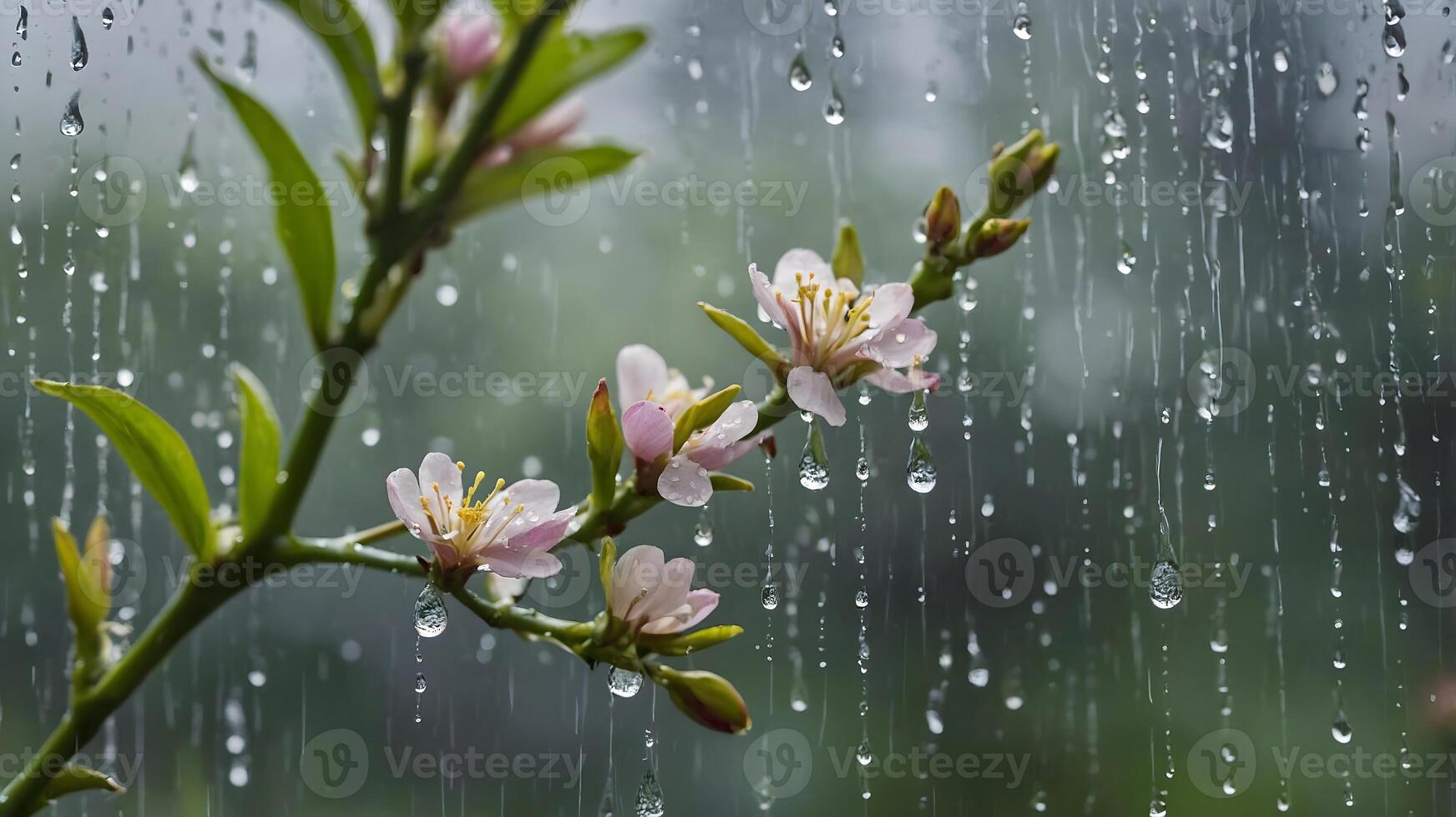 Delicate spring blossoms with raindrops, close-up view of blooming flowers in the rain with nature's soft bokeh background photo