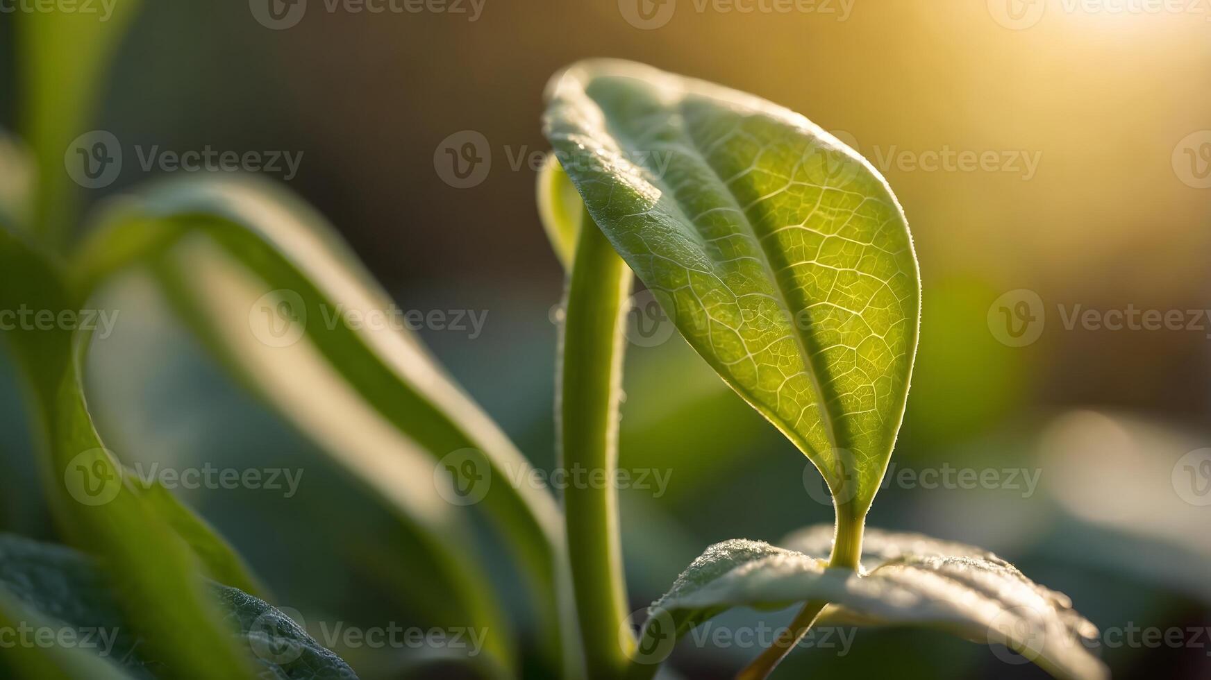 Close-up of a young plant sprout with leaf opening in soft morning light. Nature's fresh start photo