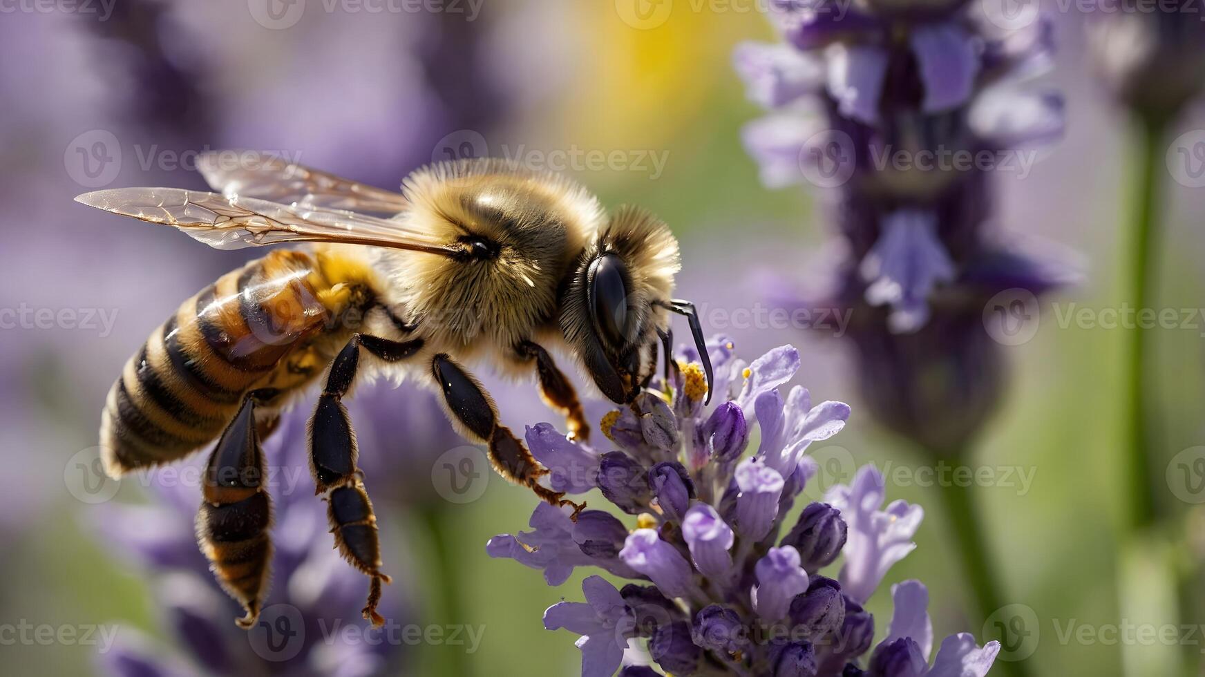 Macro shot of honeybee pollinating lavender flower in spring sunlight, detailed wings and soft bokeh background, nature close-up photo