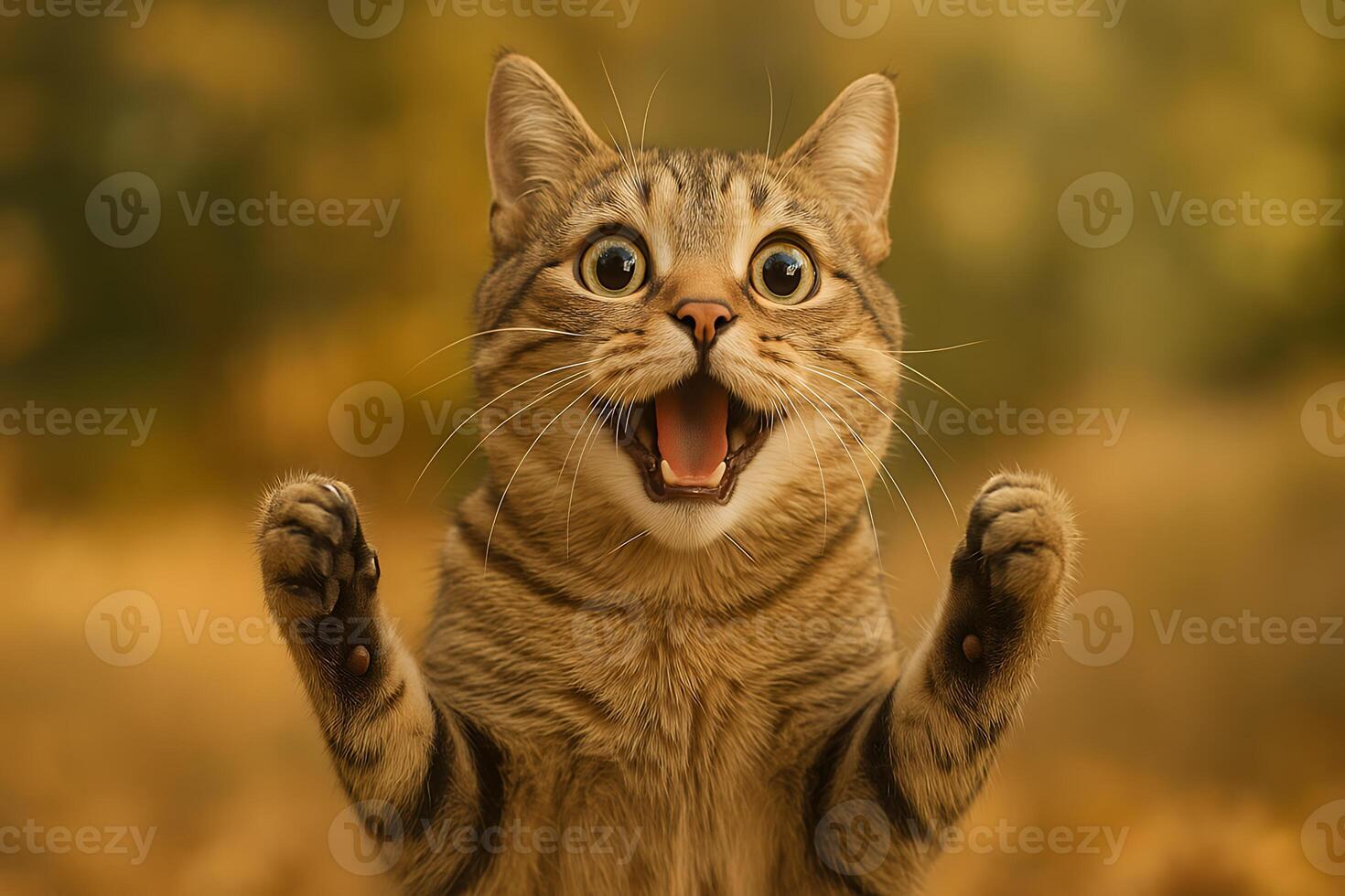 A cat is standing up with its mouth open photo