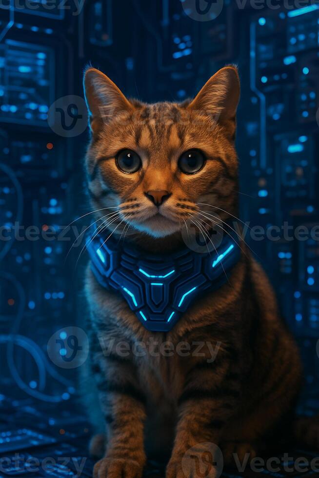 A cat wearing a futuristic collar in front of a computer screen photo