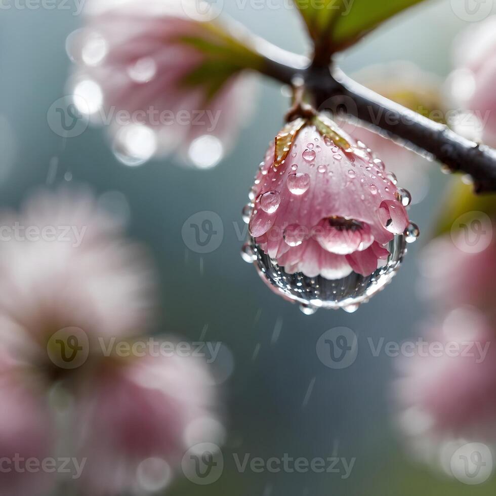 Pink Cherry Blossom Bud Covered in Glistening Dewdrops After Rain - Macro Spring Floral Photography photo