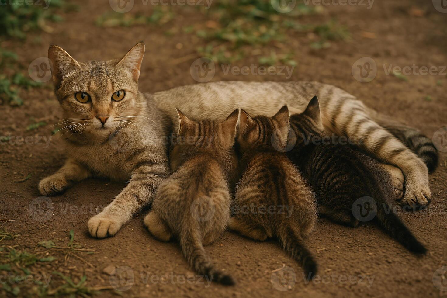 A cat with three kittens laying on the ground photo