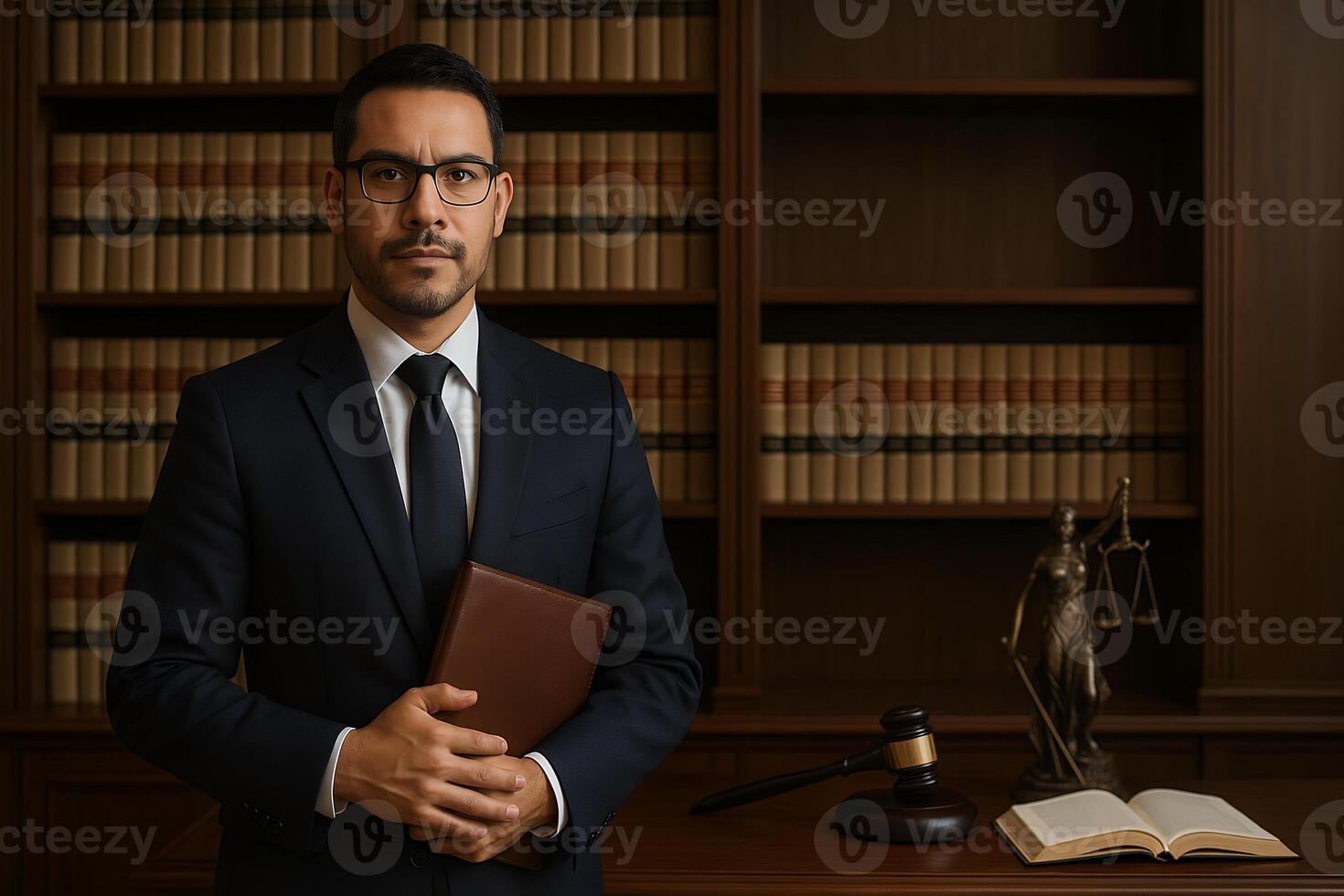 A man in a suit and tie standing in front of a law book photo