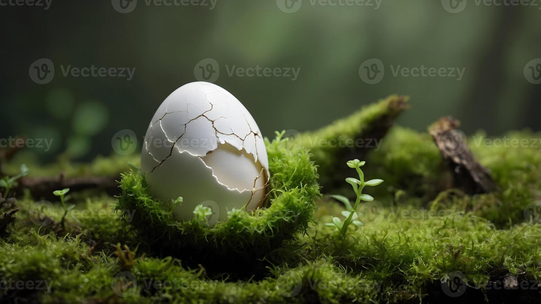 Fragile Cracked White Eggshell Nestled in Green Moss with Tiny Sprouts. photo