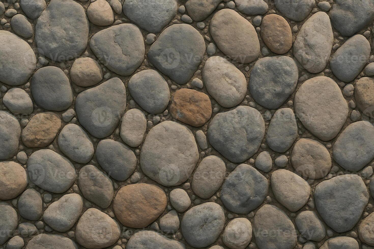 A close up of a stone wall with many different types of stones photo