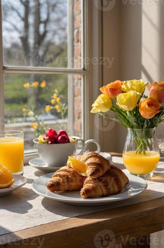 Sunny Spring Breakfast with Fresh Croissants, Orange Juice, and Flowers by a Window - Cozy Morning Meal Scene photo