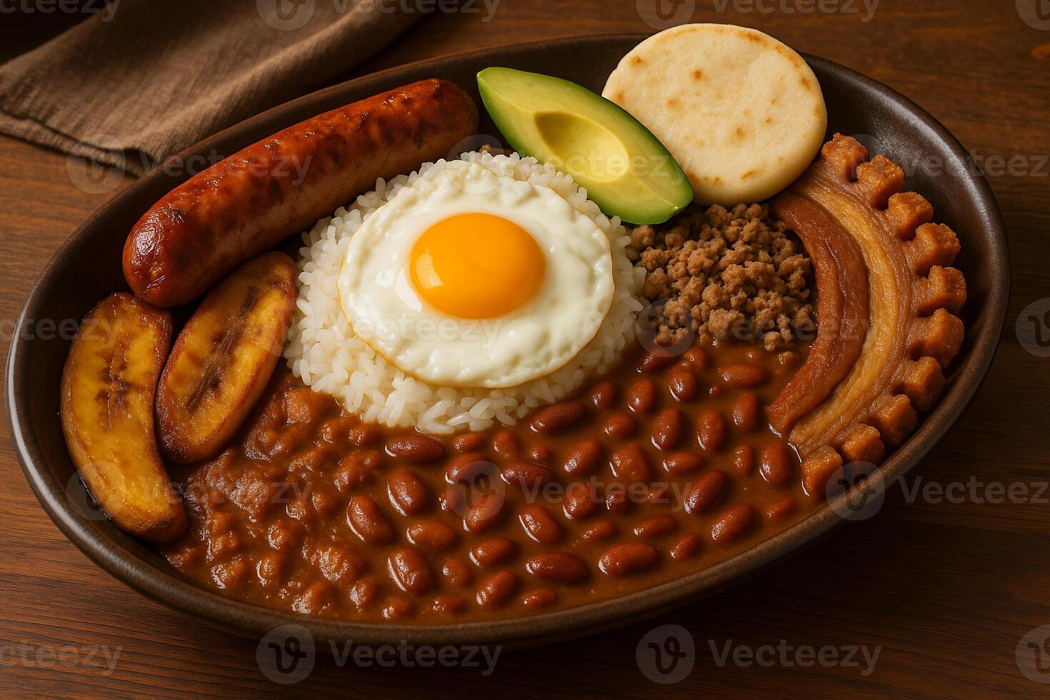 A plate of food with beans, rice, eggs, and a fried egg photo