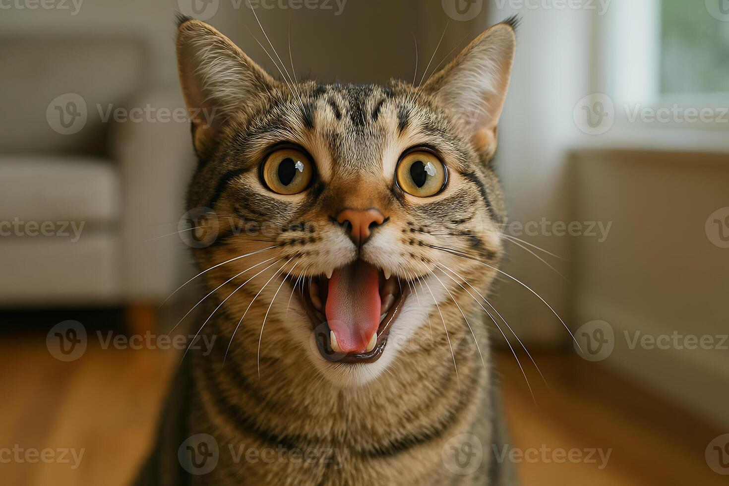 A cat is looking at the camera with its mouth open photo