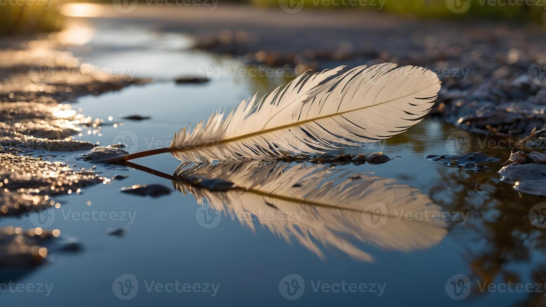 Feather floating gently on water, reflecting in the serene morning light photo