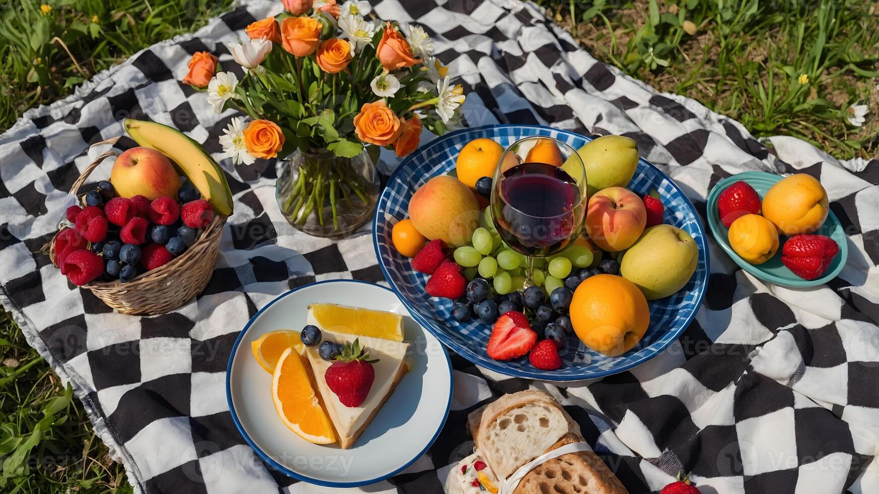 Colorful spring picnic with fresh fruit, wine and flowers on checkered blanket outdoors in grassy field under sunlight photo