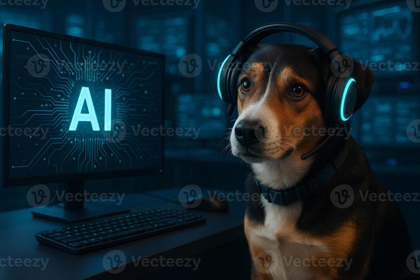 Ai dog with headphones on computer screen photo