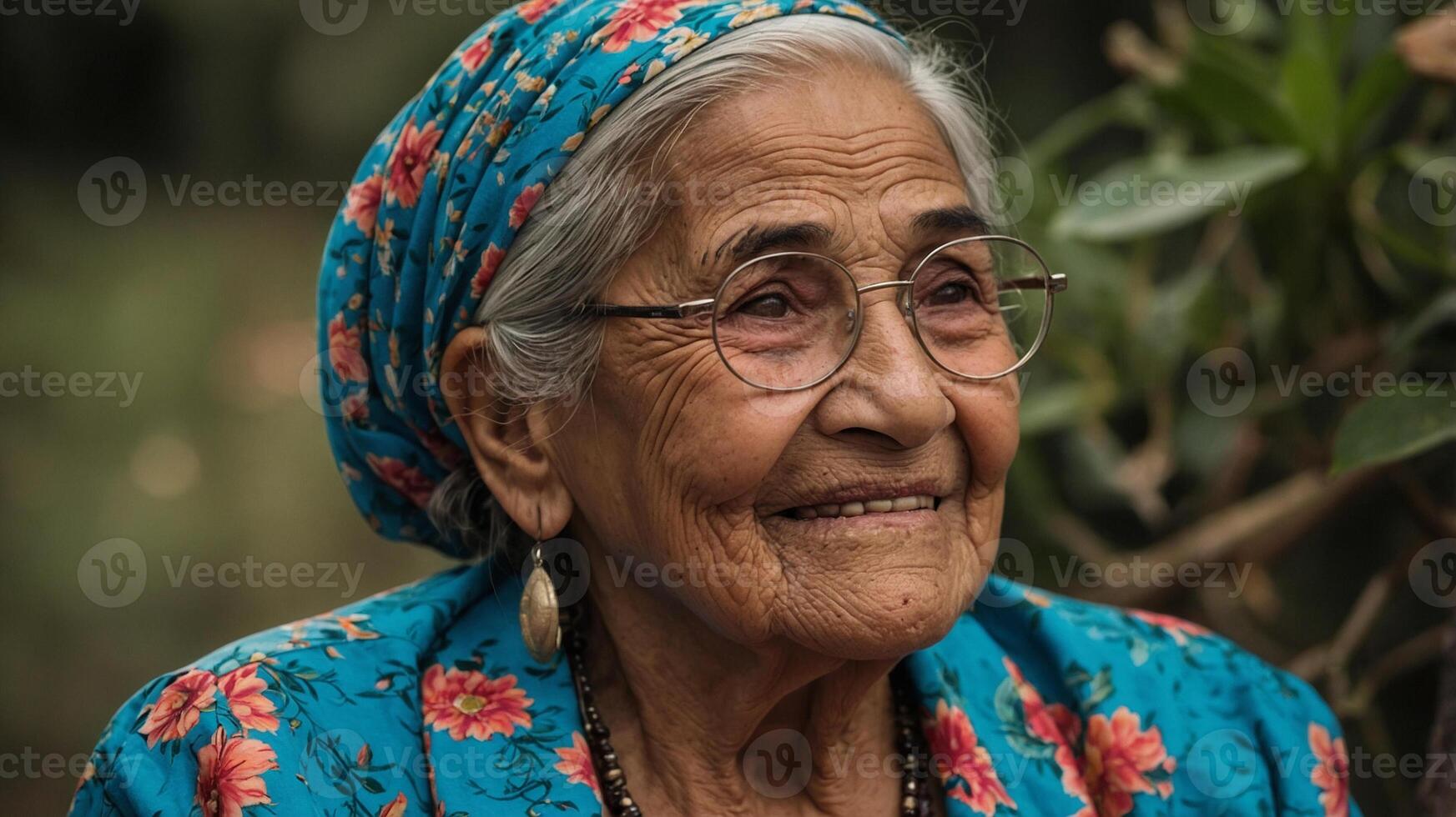 An older woman wearing glasses and a head scarf photo