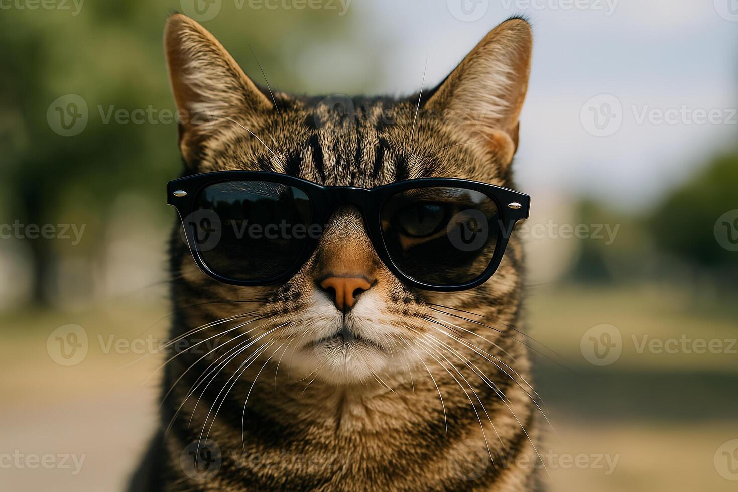 A cat wearing sunglasses on a road photo