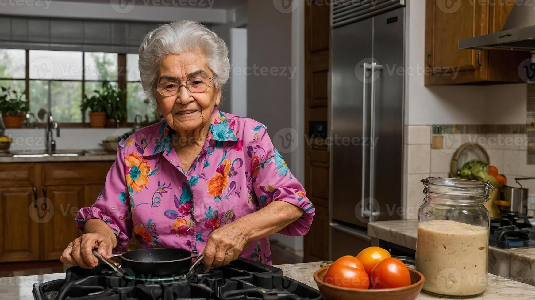 An older woman cooking in the kitchen photo