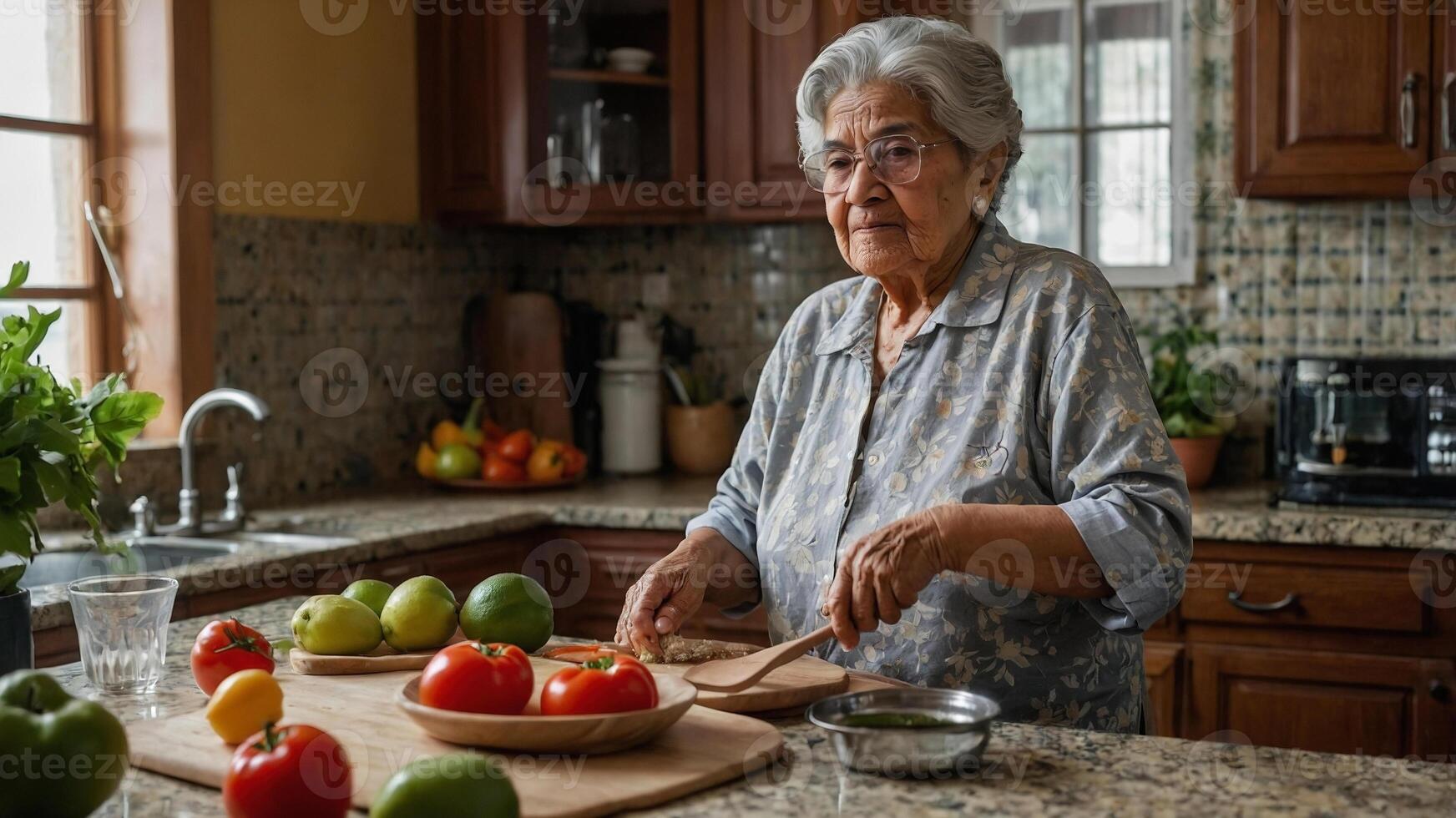 An elderly woman is preparing vegetables in the kitchen photo