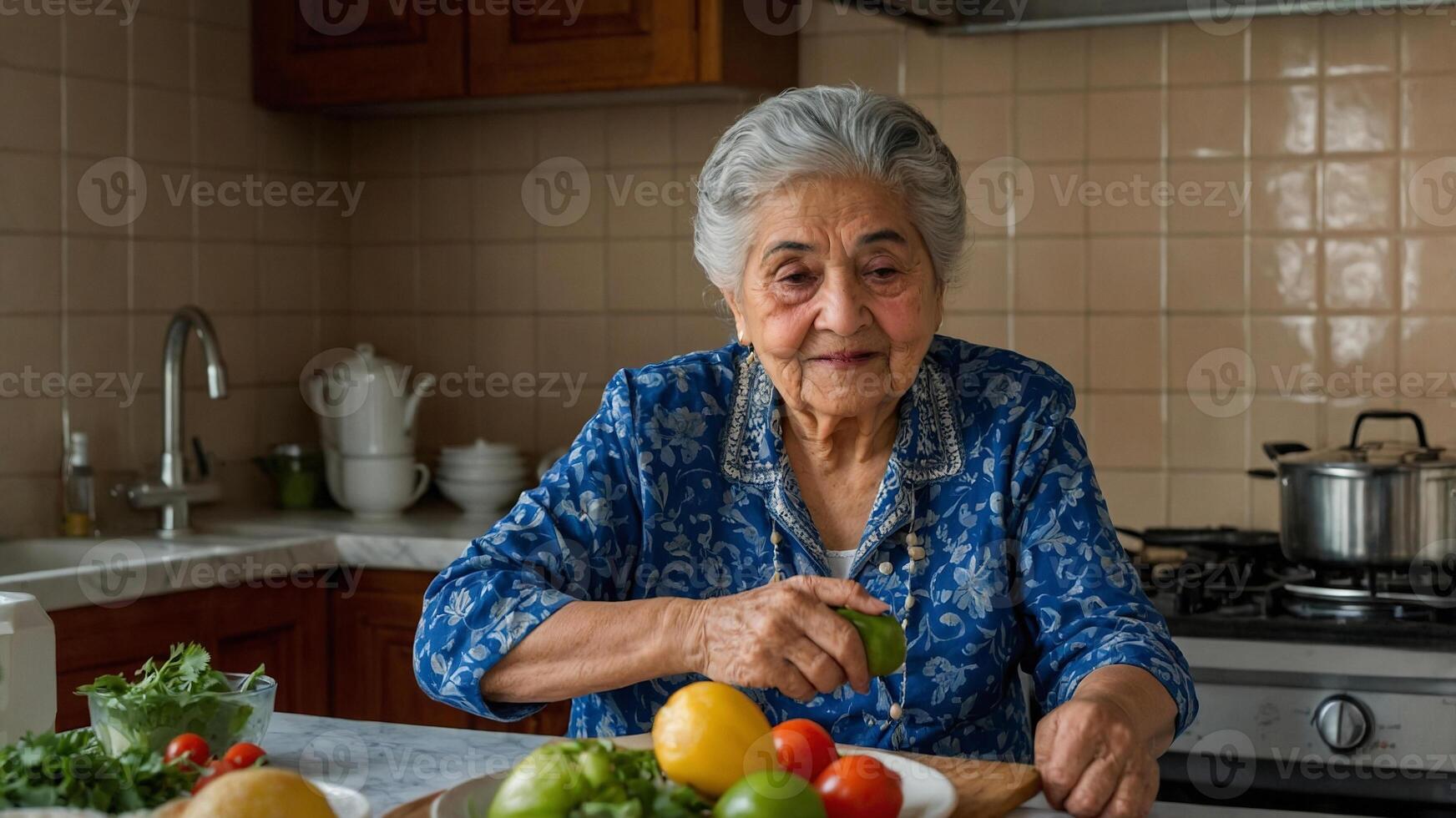 An older woman is cutting vegetables in the kitchen photo