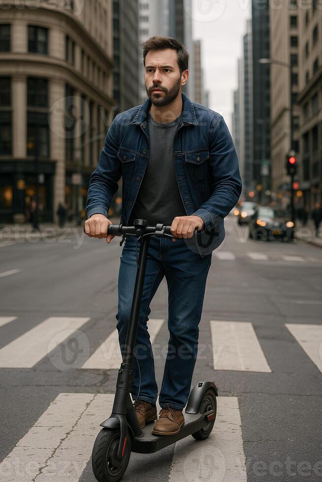 Man on electric scooter in city photo