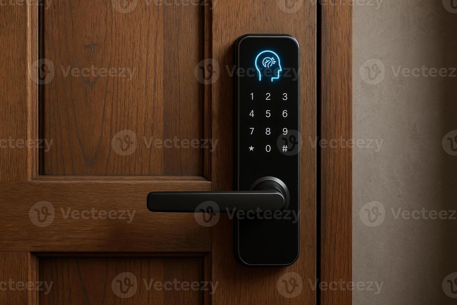 A smart lock with a digital keypad on the door photo