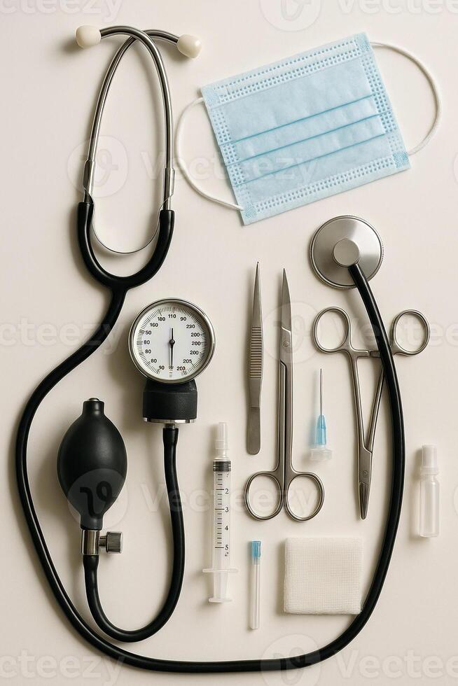 Medical equipment including a stethoscope, blood pressure monitor, syringe, and other medical supplies photo