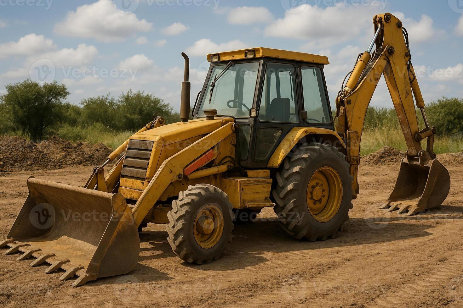 A yellow backhoe is parked on a dirt field photo