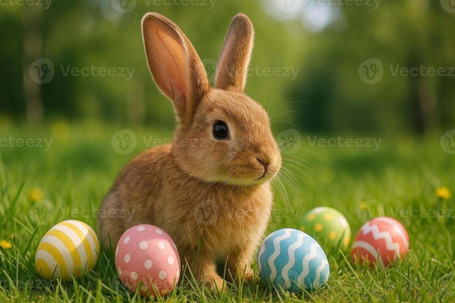 A small brown rabbit is sitting on the grass with colorful easter eggs photo
