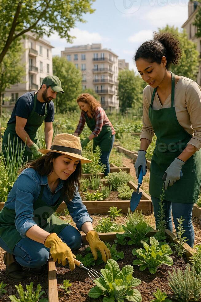 A group of people working in an urban garden photo