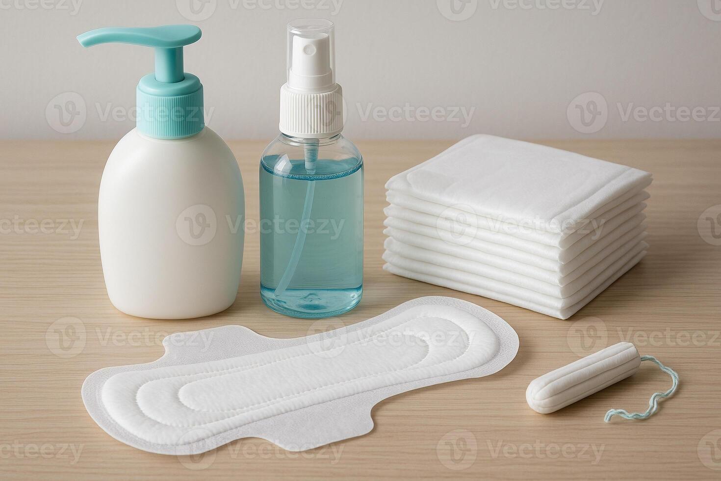 A bottle of hand sanitizer, a bottle of hand soap, a bottle of feminine hygiene photo