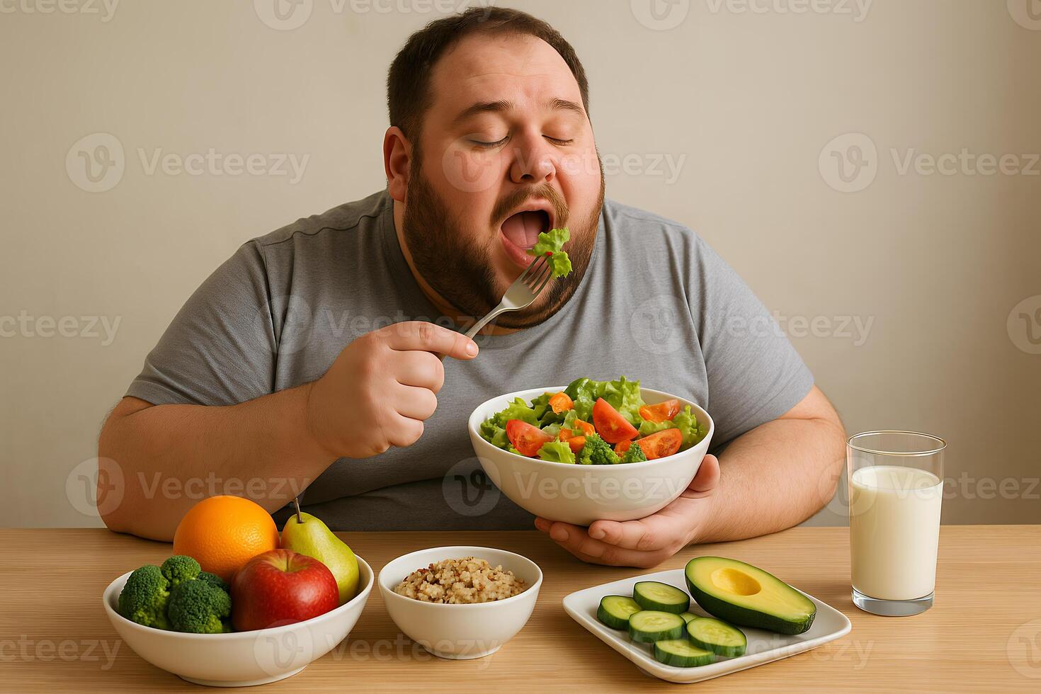 A man eating a bowl of vegetables and a glass of milk photo