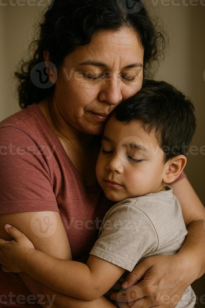 A woman hugging a child in a brown shirt photo
