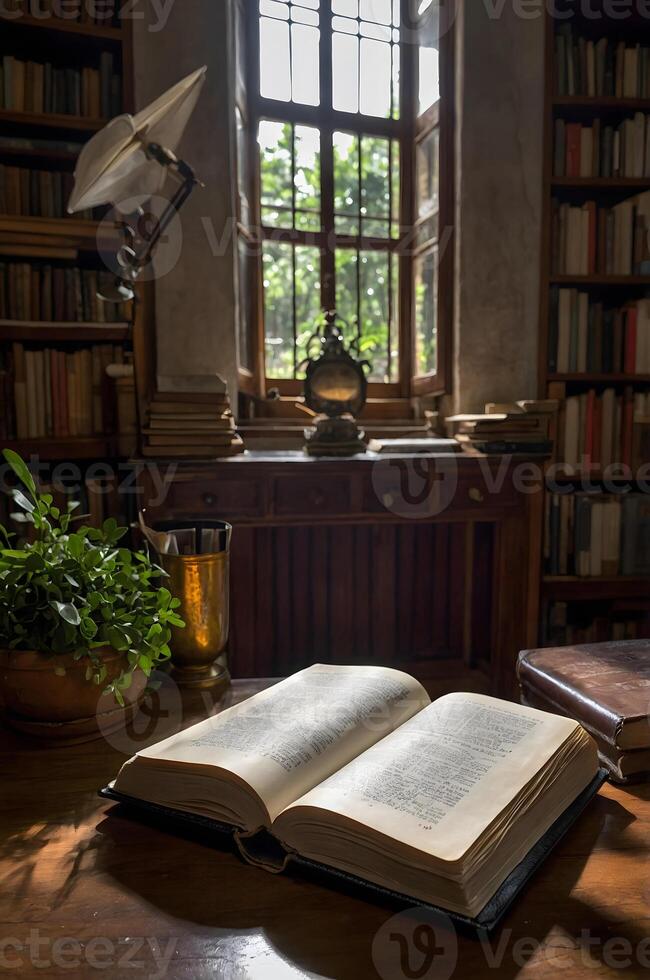 An open book sits on a table in front of a window photo
