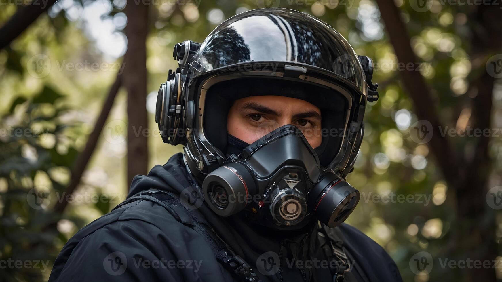A man wearing a gas mask and black jacket photo