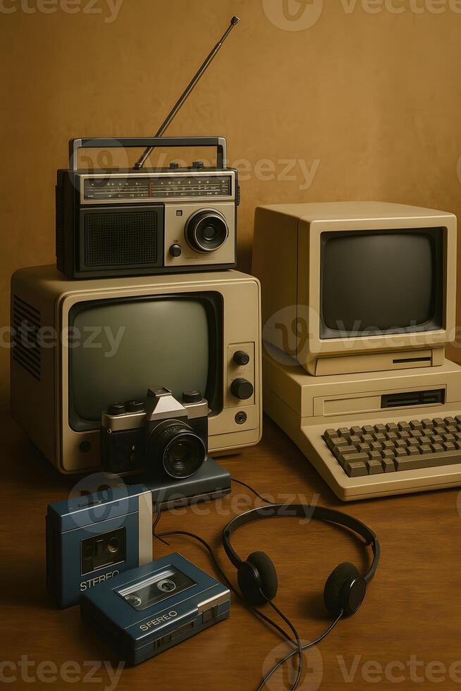 An old computer, a camera, and a radio photo