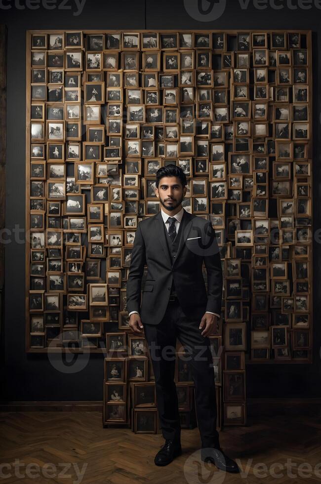 A man in a suit standing in front of a wall of photos