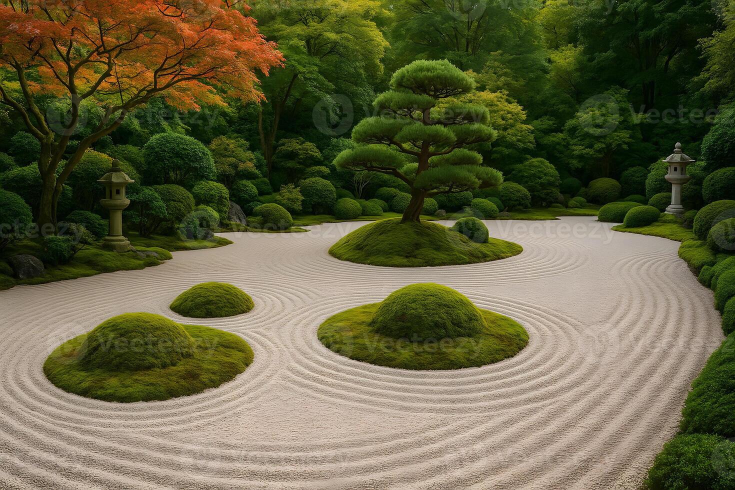 A japanese garden with a circular path and trees photo