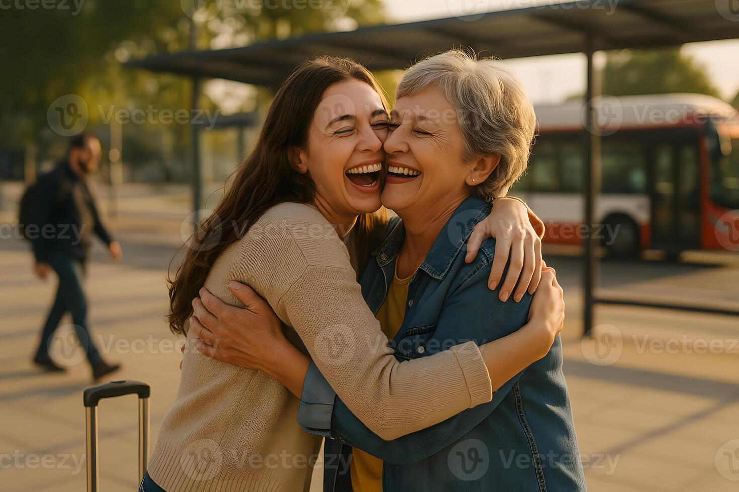 A woman hugging her grandmother in front of a bus photo