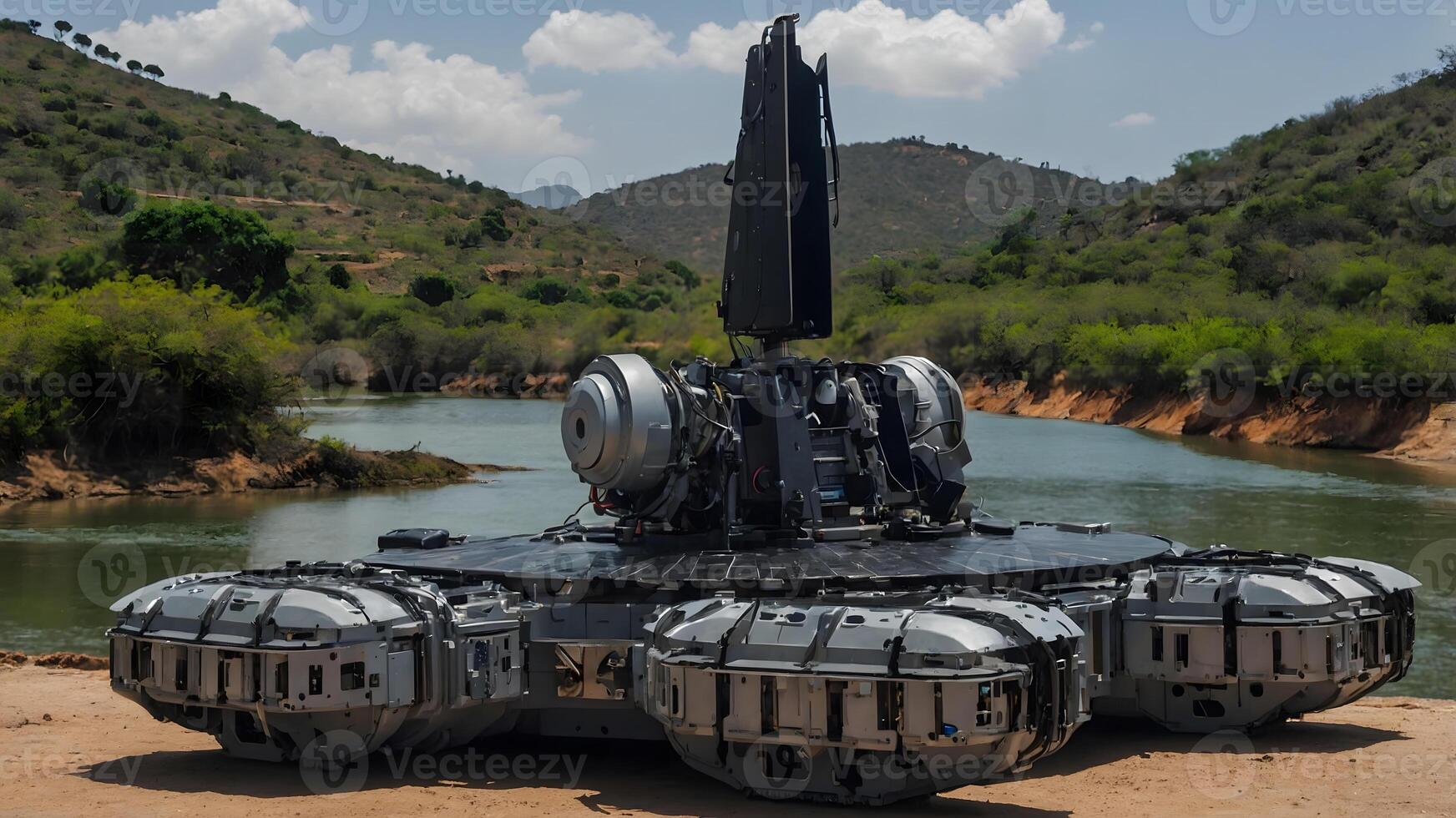 A large robot sitting on top of a body of water photo