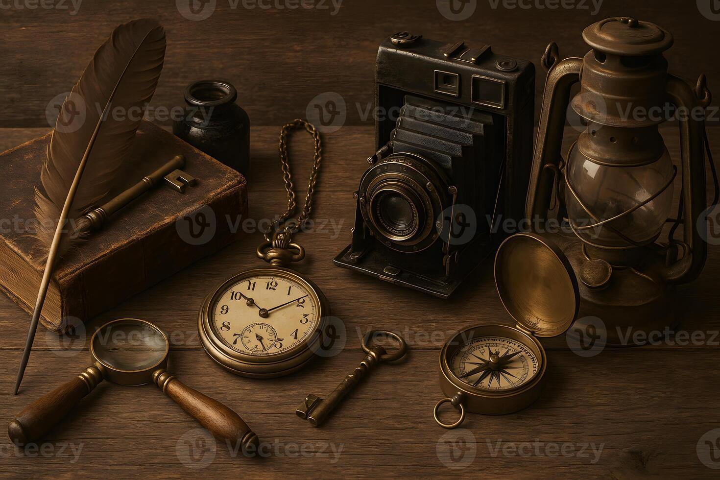 Antique objects on a wooden table photo