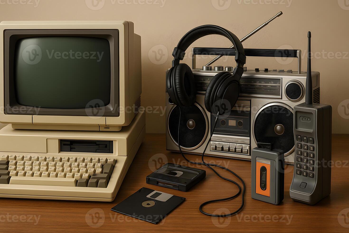 An old computer, headphones, and a cassette player photo