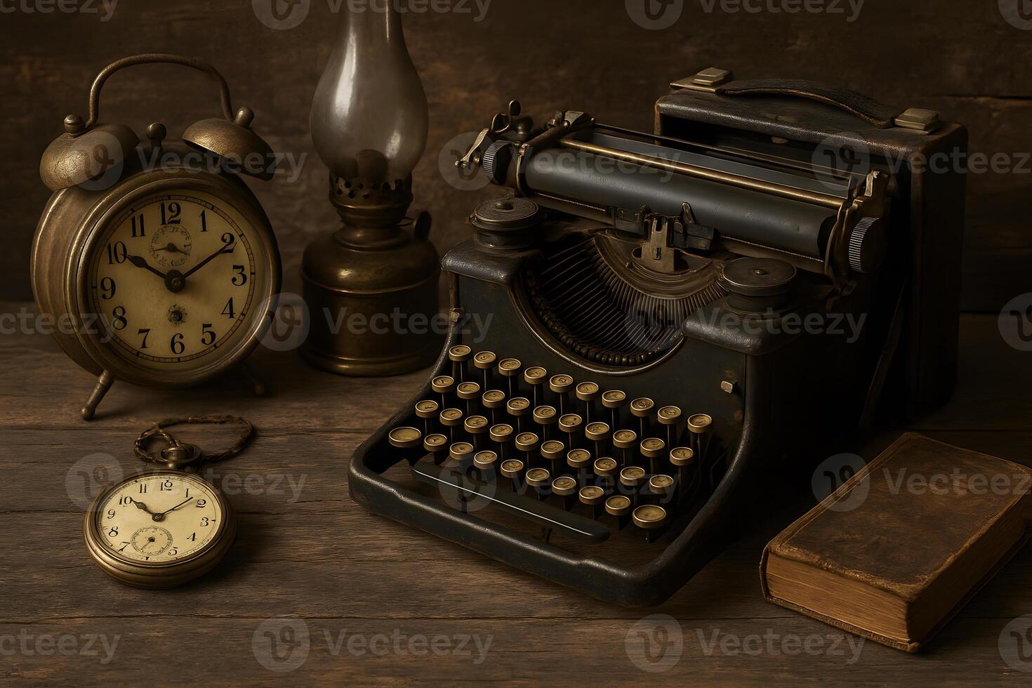 An old typewriter, clock and book on a wooden table photo