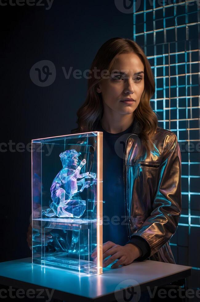 A woman holding a glass box with a holographic image photo