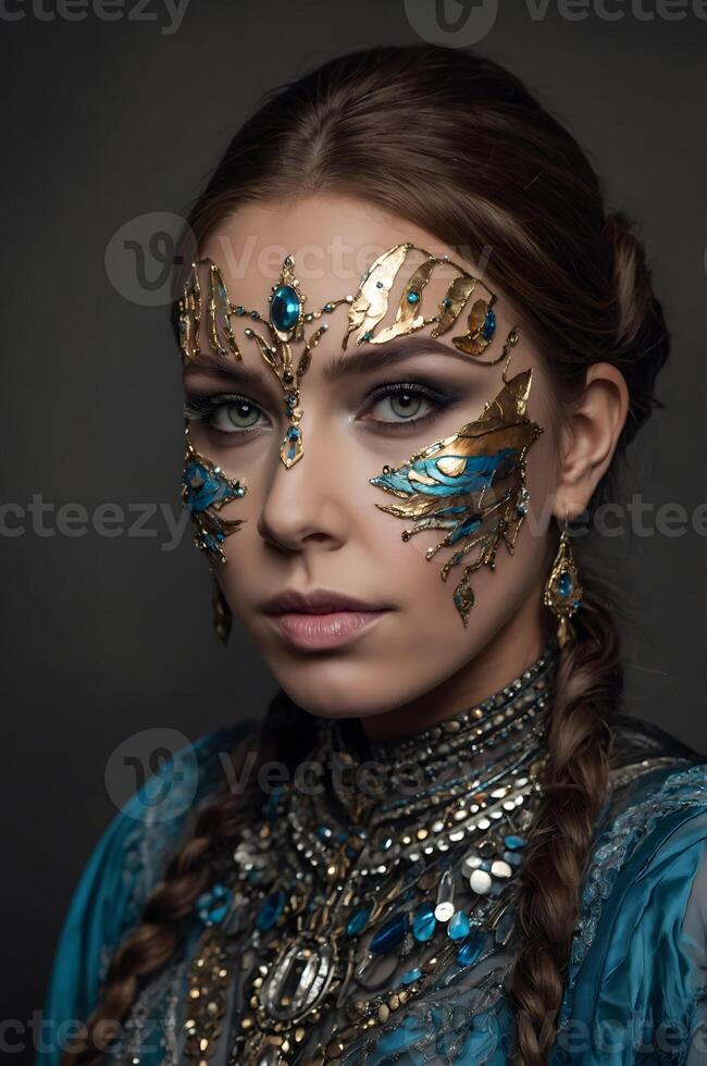 A woman with blue and gold makeup photo