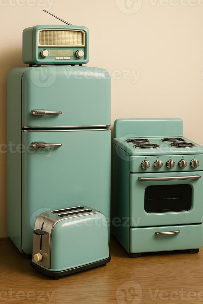 A blue refrigerator, a toaster and a microwave photo