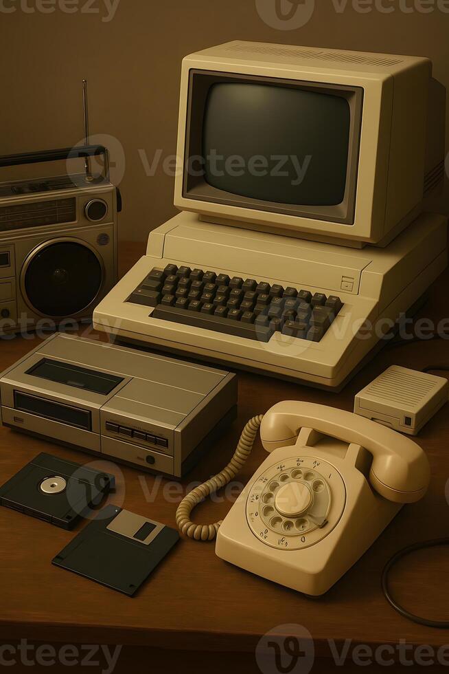 An old computer, a phone, and a tape recorder photo